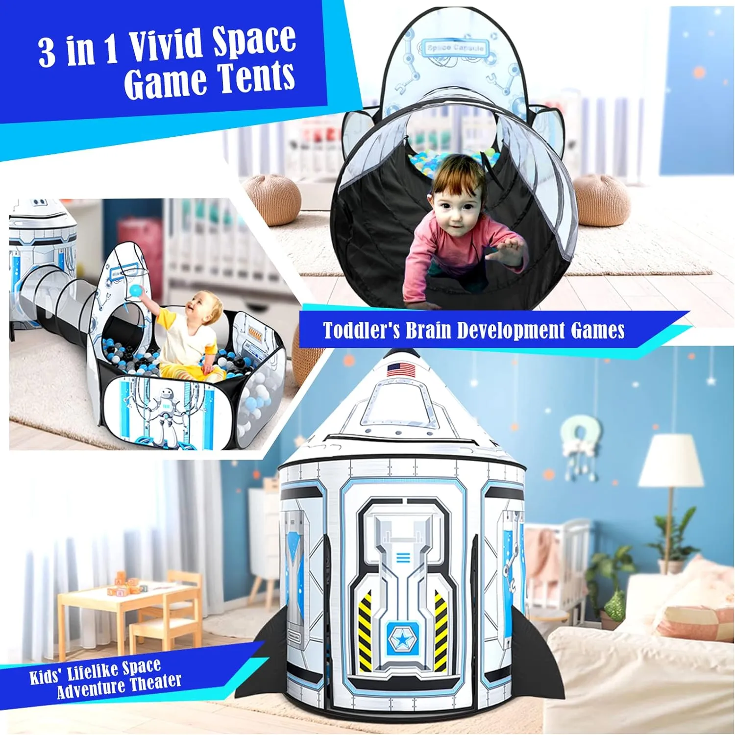 Kids Ball Pit for Play Tent: 3PC Rocket Ship Baby Gifts with Projection Flashlight, Spaceship Tents and Crawl Tunnel for Toddlers, Astronaut Pop Up Playhouse Toys for Indoor Outdoor Games (White)