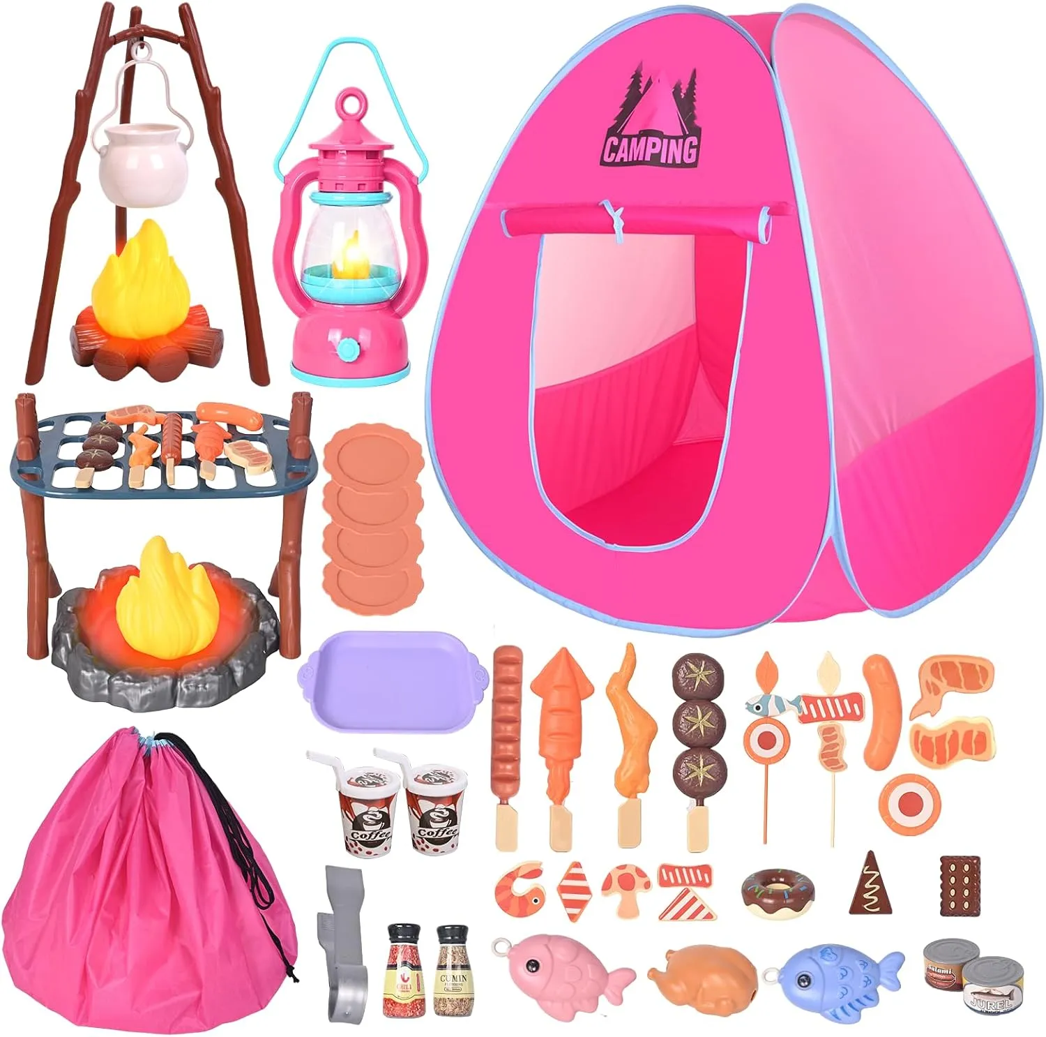 Kids Camping Set with Play Tent,Campfire,Lantern,Indoor Outdoor Pretend Play Camping Toys with Pop up Play Tent