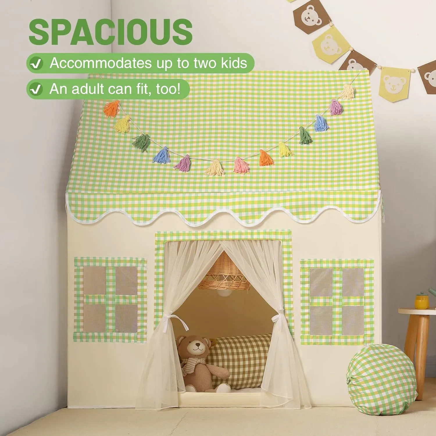 Kids Play Tent Indoor: Mat, Tassel Garland, Star Lights - Green Checkered Boys Tent Playhouse for Toddlers Kids Toys for Boy Girl Birthday Gift