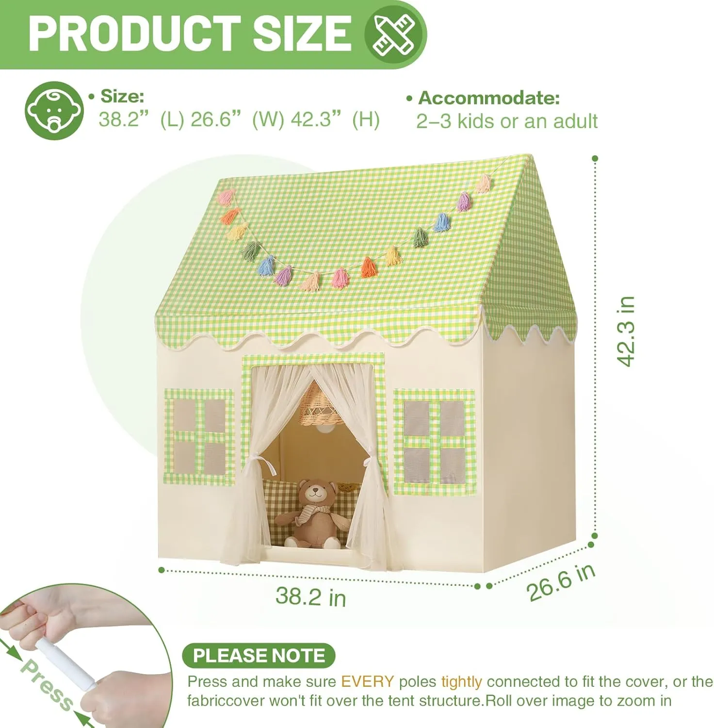 Kids Play Tent Indoor: Mat, Tassel Garland, Star Lights - Green Checkered Boys Tent Playhouse for Toddlers Kids Toys for Boy Girl Birthday Gift