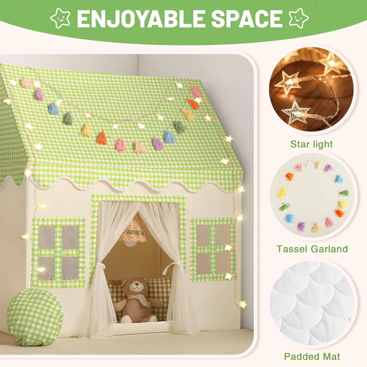 Kids Play Tent Indoor: Mat, Tassel Garland, Star Lights - Green Checkered Boys Tent Playhouse for Toddlers Kids Toys for Boy Girl Birthday Gift