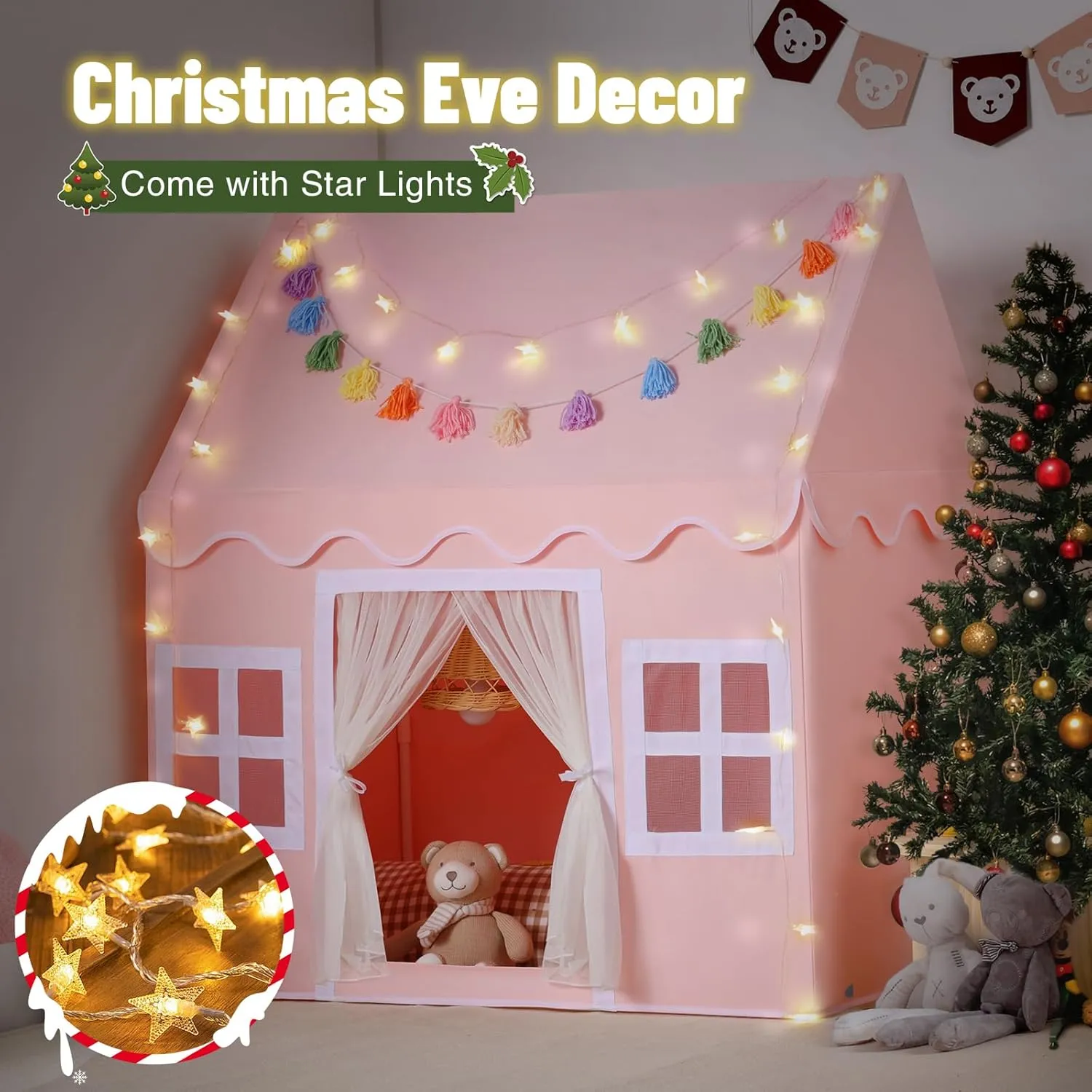 Kids Play Tent Indoor: with Mat, Tassel Garland, Star Lights - Pink Girl Tent Playhouse for Toddlers Kids Toys for Boy Girl Birthday Gift for Kids