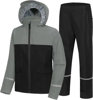 Kids Rain Suit Jacket and Pants Set with Reflective Strips Adjustable Hood Flap Pocket for Boys Girls