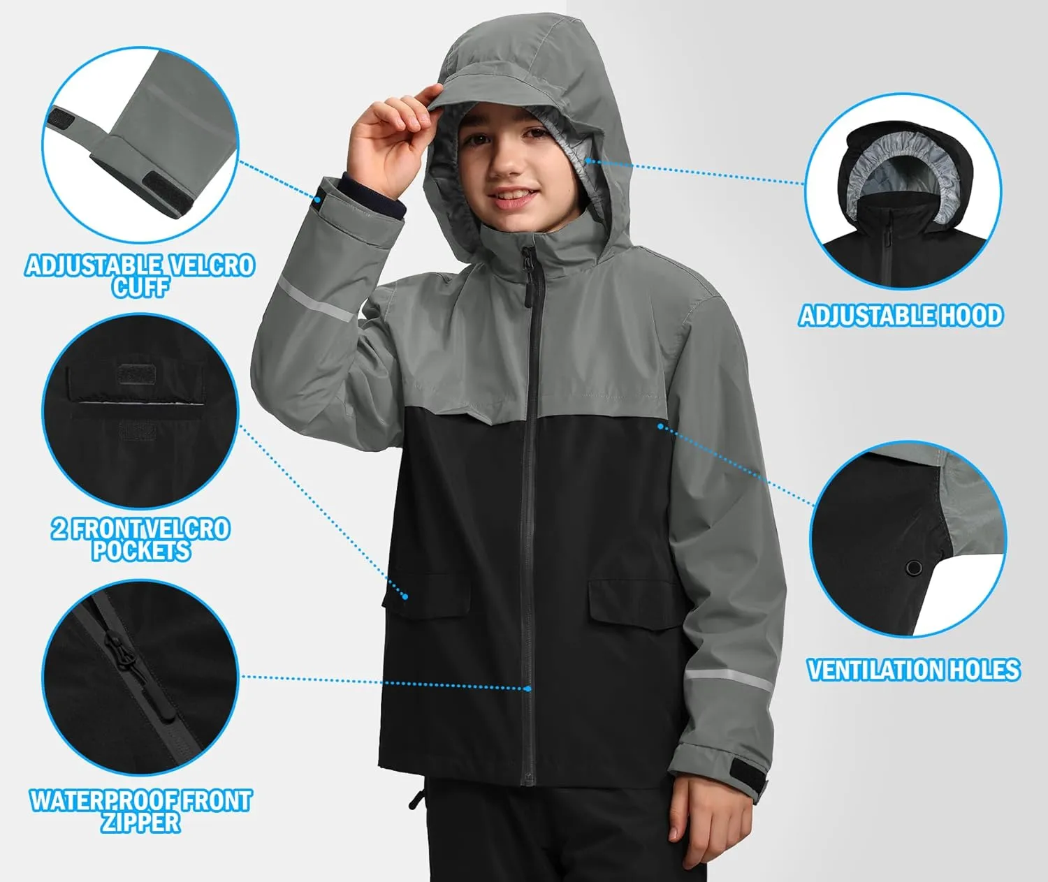 Kids Rain Suit Jacket and Pants Set with Reflective Strips Adjustable Hood Flap Pocket for Boys Girls