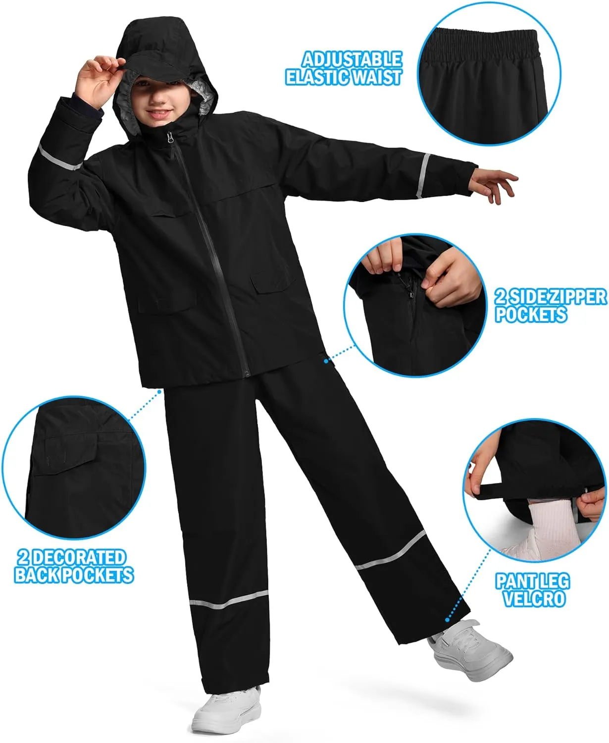 Kids Rain Suit Jacket and Pants Set with Reflective Strips Adjustable Hood Flap Pocket for Boys Girls