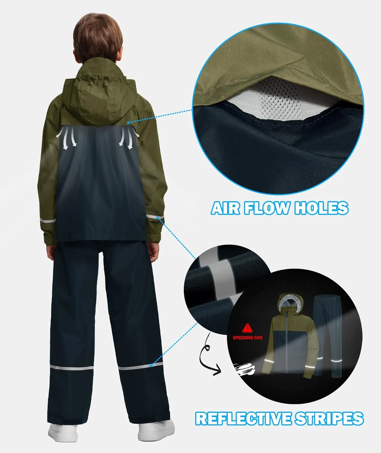 Kids Rain Suit Jacket and Pants Set with Reflective Strips Adjustable Hood Flap Pocket for Boys Girls