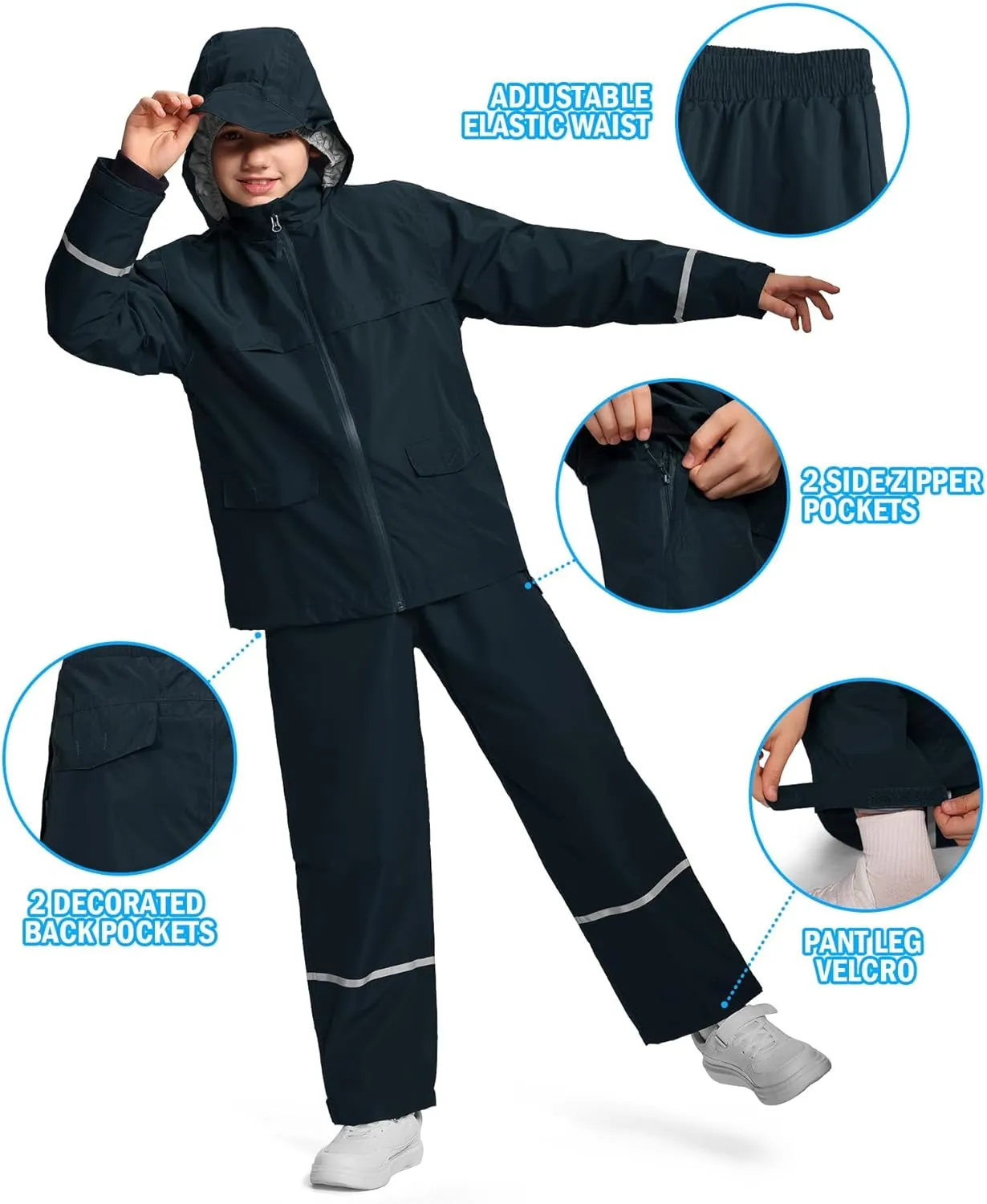 Kids Rain Suit Jacket and Pants Set with Reflective Strips Adjustable Hood Flap Pocket for Boys Girls
