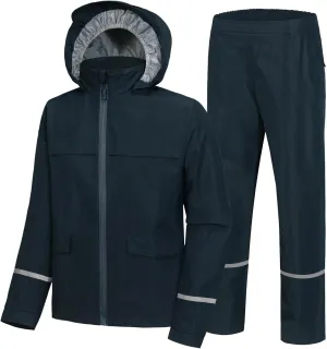 Kids Rain Suit Jacket and Pants Set with Reflective Strips Adjustable Hood Flap Pocket for Boys Girls