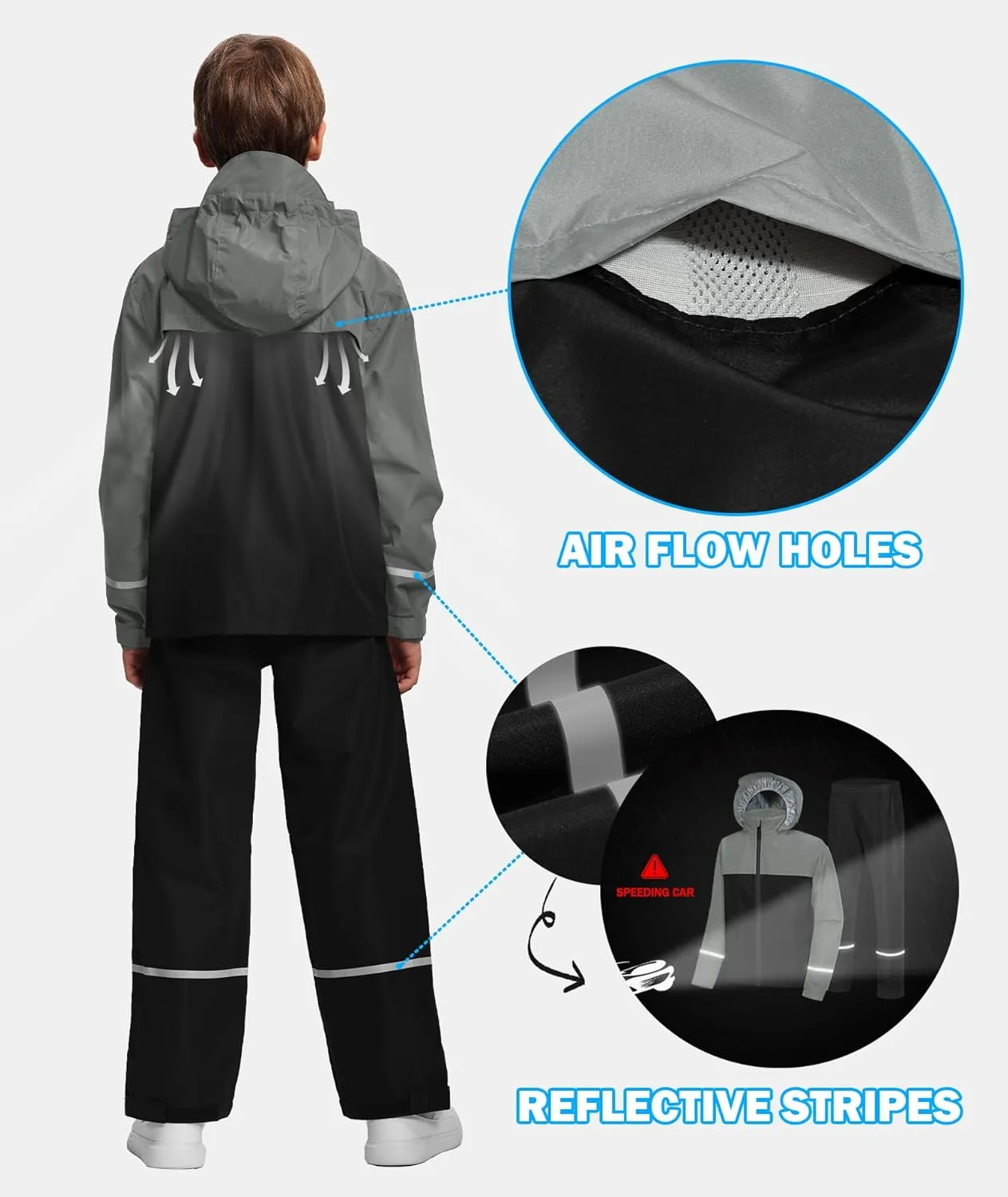 Kids Rain Suit Jacket and Pants Set with Reflective Strips Adjustable Hood Flap Pocket for Boys Girls