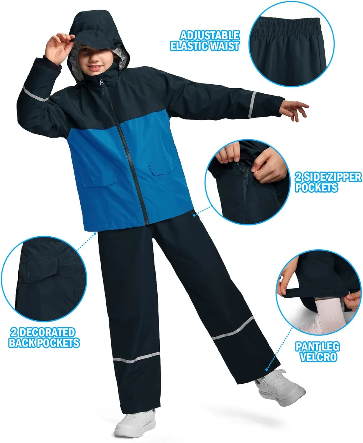 Kids Rain Suit Jacket and Pants Set with Reflective Strips Adjustable Hood Flap Pocket for Boys Girls