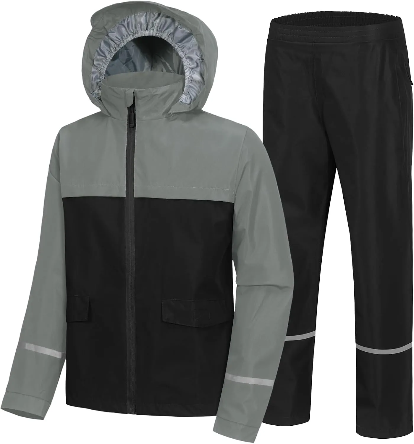 Kids Rain Suit Jacket and Pants Set with Reflective Strips Adjustable Hood Flap Pocket for Boys Girls