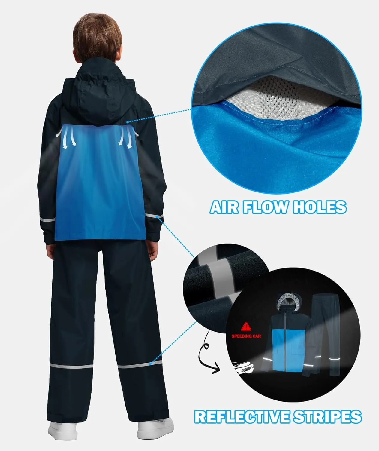 Kids Rain Suit Jacket and Pants Set with Reflective Strips Adjustable Hood Flap Pocket for Boys Girls