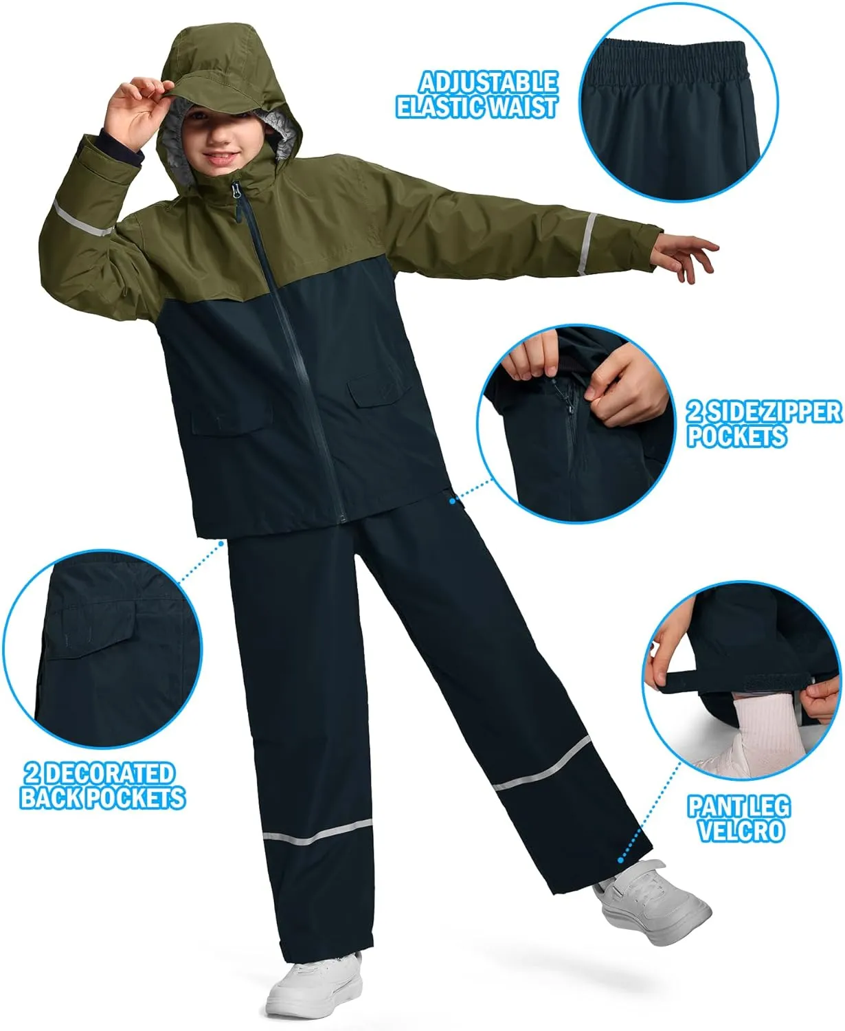 Kids Rain Suit Jacket and Pants Set with Reflective Strips Adjustable Hood Flap Pocket for Boys Girls