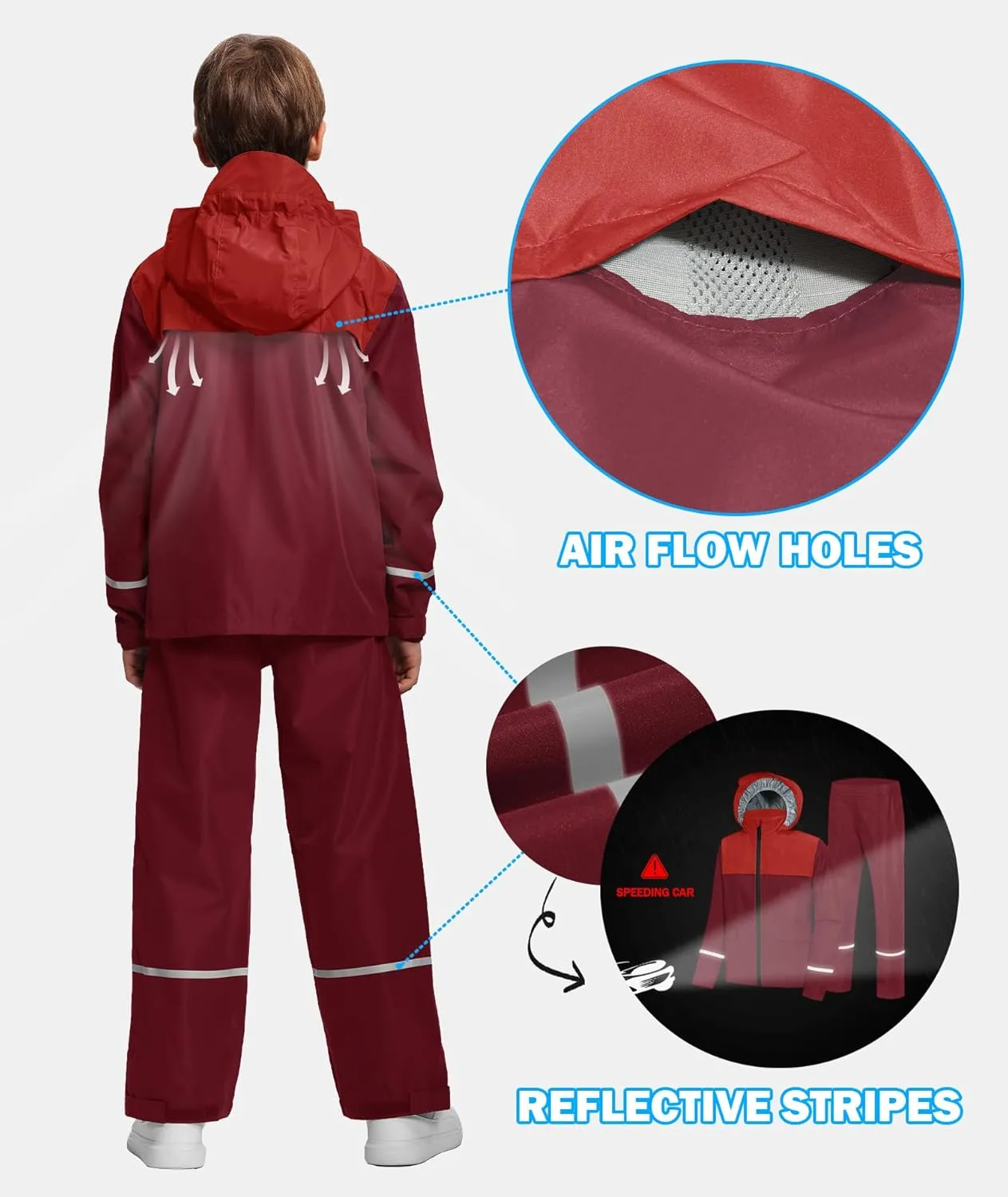 Kids Rain Suit Jacket and Pants Set with Reflective Strips Adjustable Hood Flap Pocket for Boys Girls