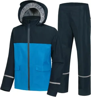 Kids Rain Suit Jacket and Pants Set with Reflective Strips Adjustable Hood Flap Pocket for Boys Girls