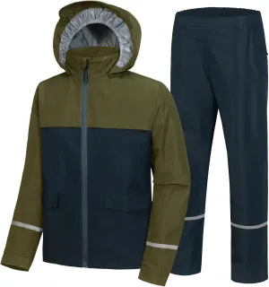 Kids Rain Suit Jacket and Pants Set with Reflective Strips Adjustable Hood Flap Pocket for Boys Girls