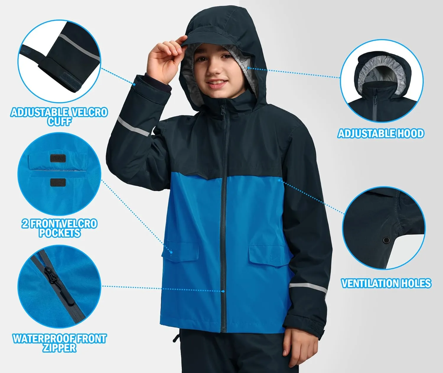 Kids Rain Suit Jacket and Pants Set with Reflective Strips Adjustable Hood Flap Pocket for Boys Girls