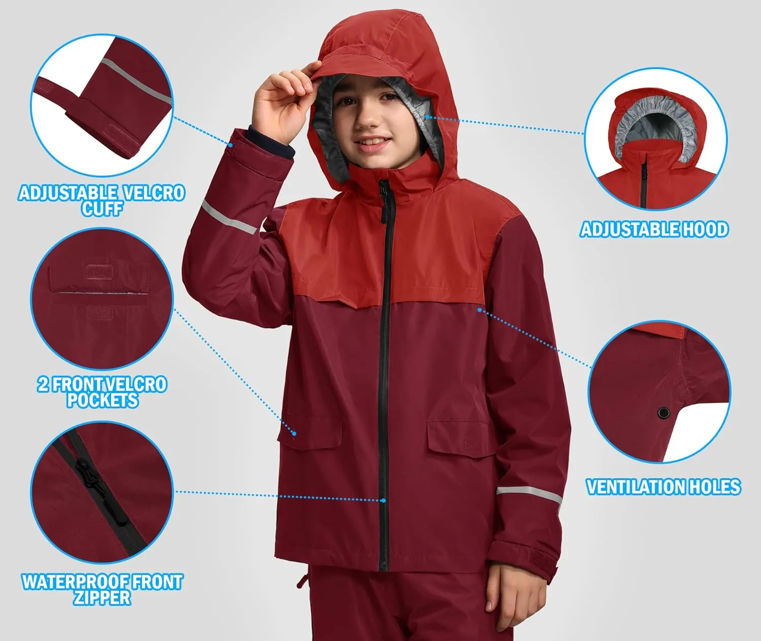 Kids Rain Suit Jacket and Pants Set with Reflective Strips Adjustable Hood Flap Pocket for Boys Girls
