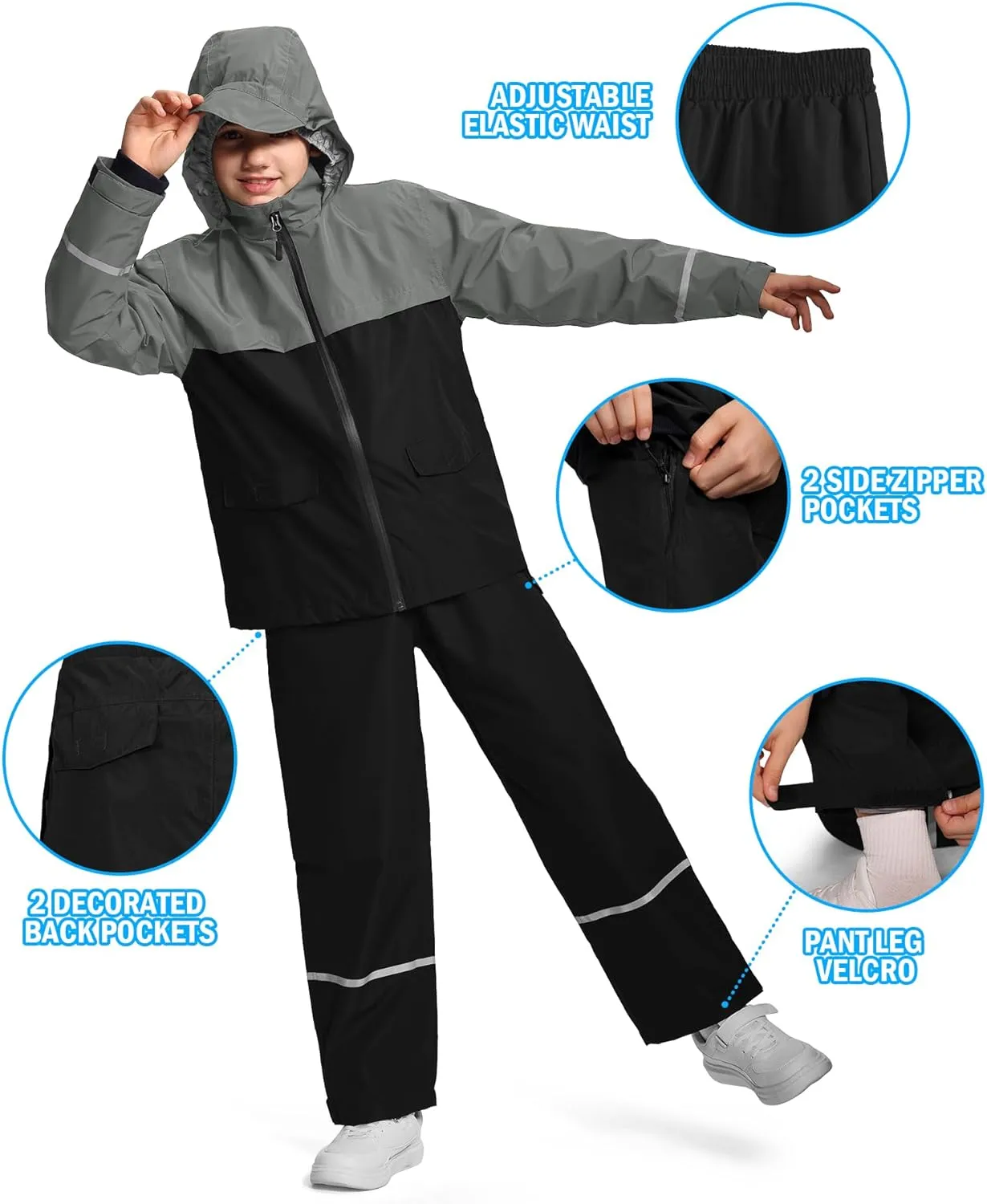Kids Rain Suit Jacket and Pants Set with Reflective Strips Adjustable Hood Flap Pocket for Boys Girls