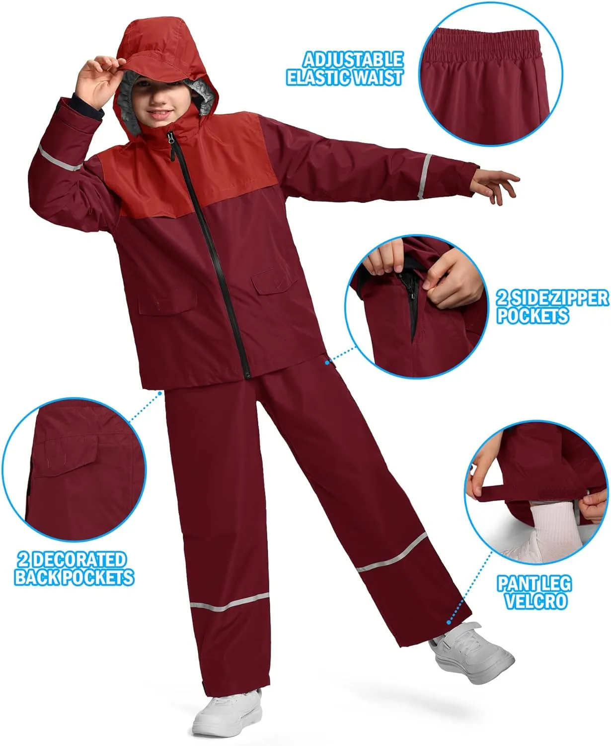 Kids Rain Suit Jacket and Pants Set with Reflective Strips Adjustable Hood Flap Pocket for Boys Girls