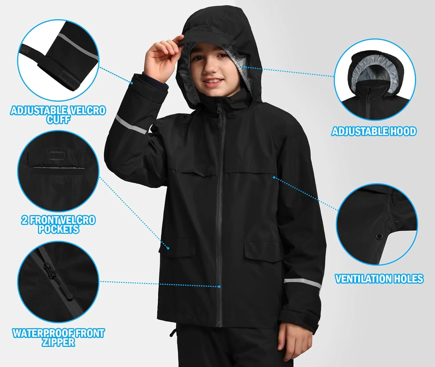 Kids Rain Suit Jacket and Pants Set with Reflective Strips Adjustable Hood Flap Pocket for Boys Girls