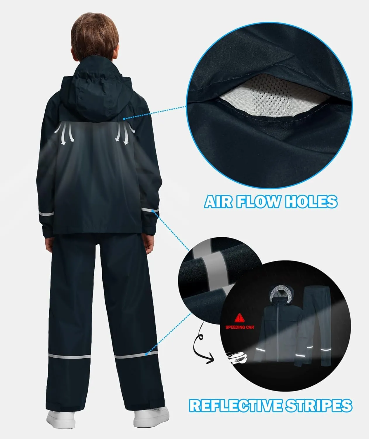 Kids Rain Suit Jacket and Pants Set with Reflective Strips Adjustable Hood Flap Pocket for Boys Girls