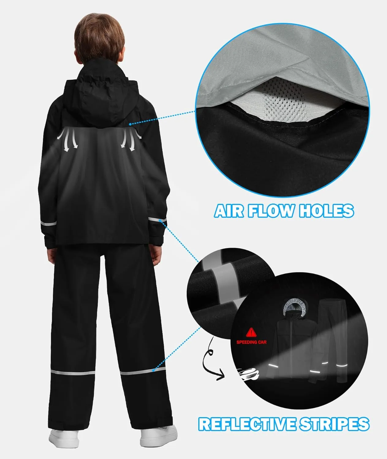 Kids Rain Suit Jacket and Pants Set with Reflective Strips Adjustable Hood Flap Pocket for Boys Girls