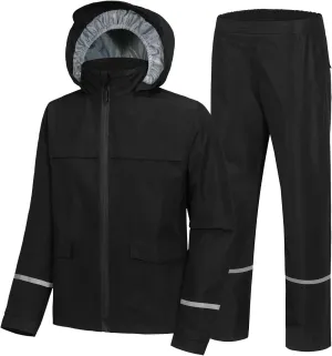 Kids Rain Suit Jacket and Pants Set with Reflective Strips Adjustable Hood Flap Pocket for Boys Girls