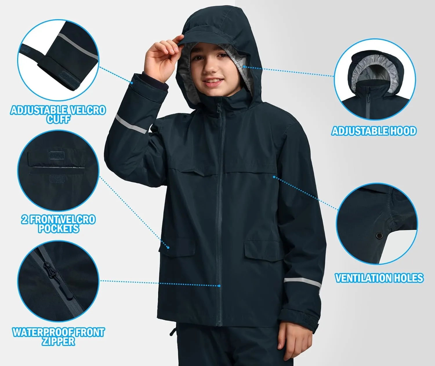 Kids Rain Suit Jacket and Pants Set with Reflective Strips Adjustable Hood Flap Pocket for Boys Girls