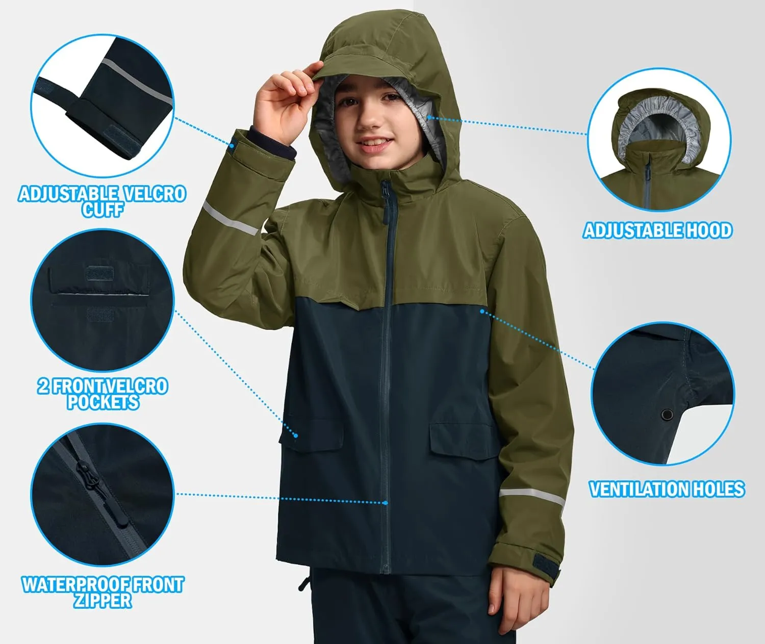 Kids Rain Suit Jacket and Pants Set with Reflective Strips Adjustable Hood Flap Pocket for Boys Girls