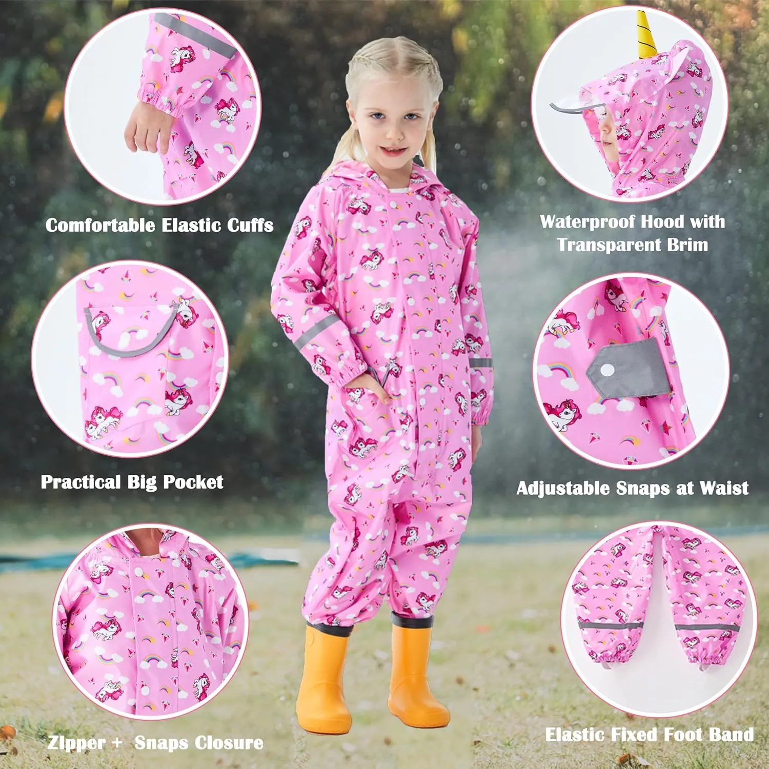Kids Toddler Rain Suit for Boys Girls One Piece Hoodie Zipper Cartoon Waterproof Coverall Rain Jacket 1-10 Years