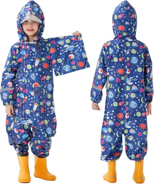 Kids Toddler Rain Suit for Boys Girls One Piece Hoodie Zipper Cartoon Waterproof Coverall Rain Jacket 1-10 Years