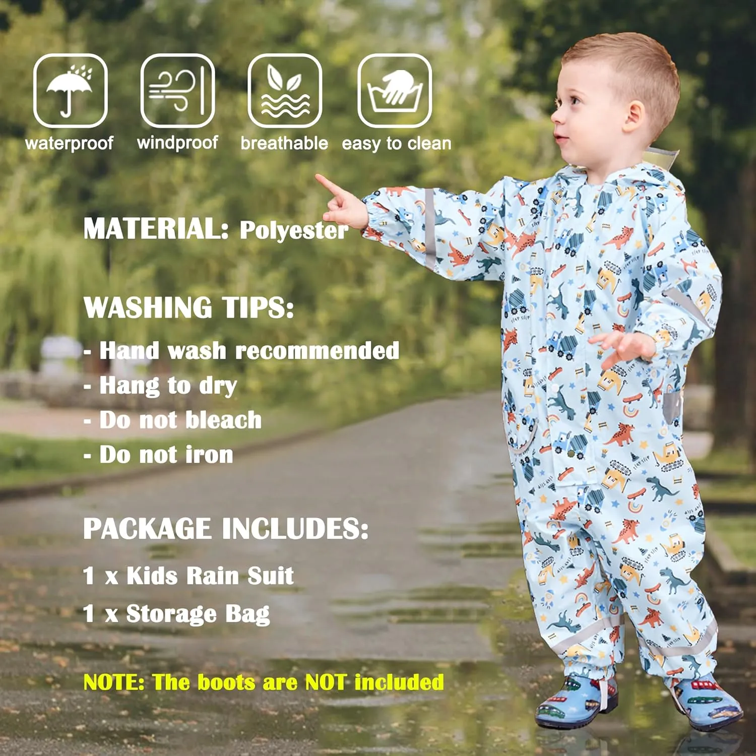 Kids Toddler Rain Suit for Boys Girls One Piece Hoodie Zipper Cartoon Waterproof Coverall Rain Jacket 1-10 Years