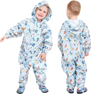 Kids Toddler Rain Suit for Boys Girls One Piece Hoodie Zipper Cartoon Waterproof Coverall Rain Jacket 1-10 Years