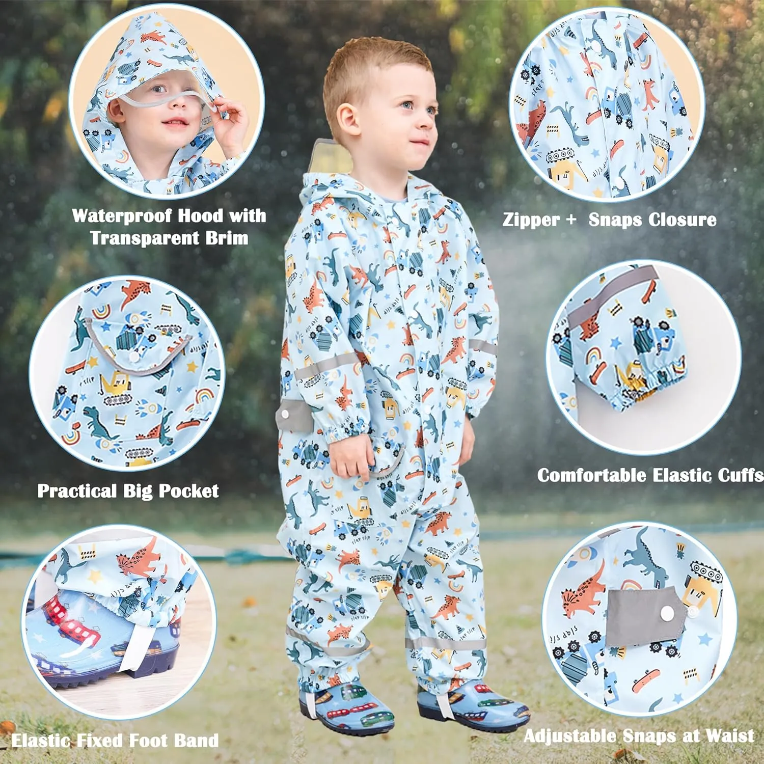 Kids Toddler Rain Suit for Boys Girls One Piece Hoodie Zipper Cartoon Waterproof Coverall Rain Jacket 1-10 Years