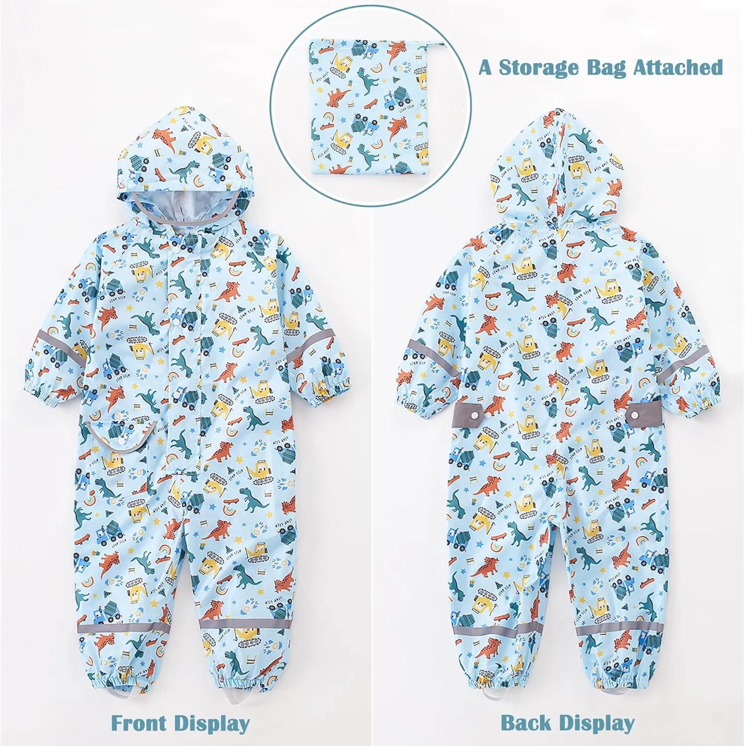 Kids Toddler Rain Suit for Boys Girls One Piece Hoodie Zipper Cartoon Waterproof Coverall Rain Jacket 1-10 Years