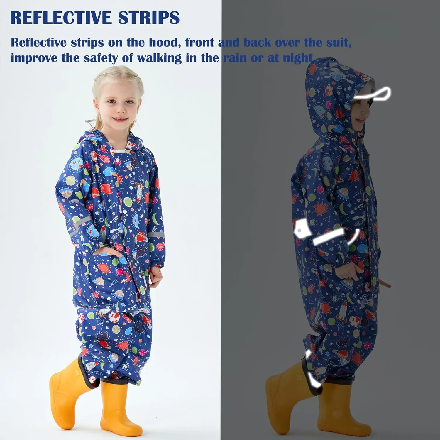 Kids Toddler Rain Suit for Boys Girls One Piece Hoodie Zipper Cartoon Waterproof Coverall Rain Jacket 1-10 Years
