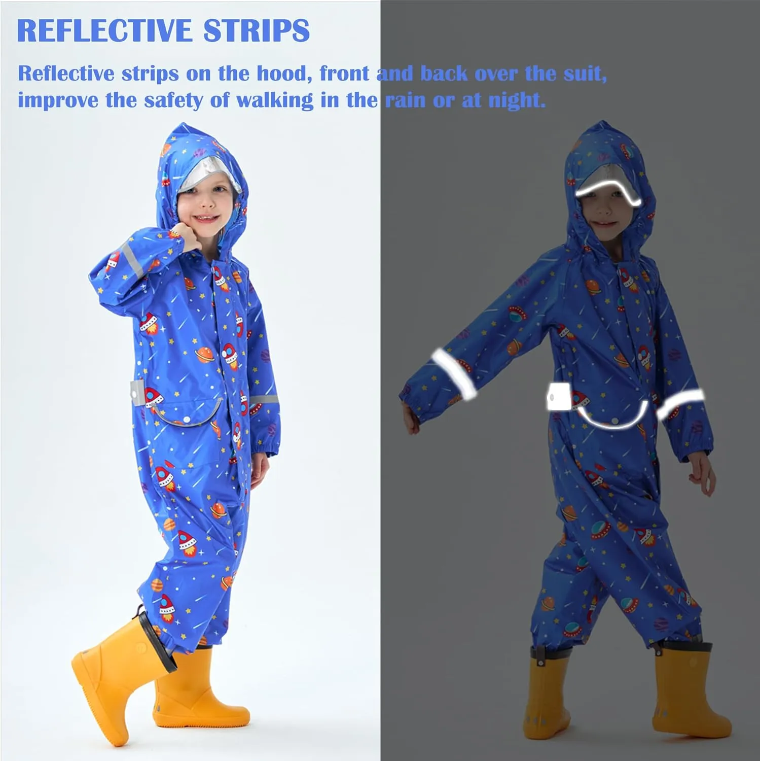 Kids Toddler Rain Suit for Boys Girls One Piece Hoodie Zipper Cartoon Waterproof Coverall Rain Jacket 1-10 Years