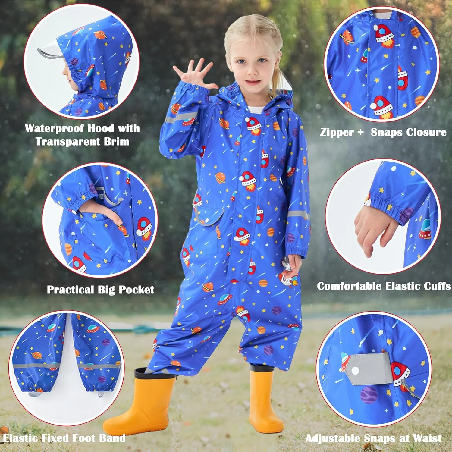 Kids Toddler Rain Suit for Boys Girls One Piece Hoodie Zipper Cartoon Waterproof Coverall Rain Jacket 1-10 Years