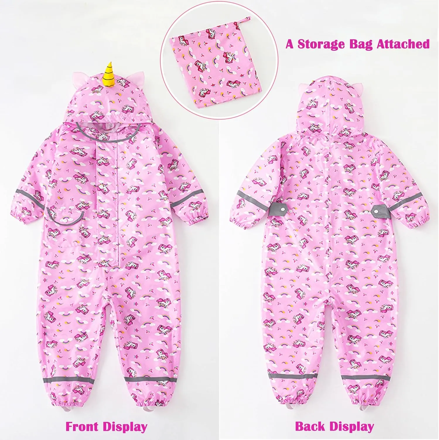 Kids Toddler Rain Suit for Boys Girls One Piece Hoodie Zipper Cartoon Waterproof Coverall Rain Jacket 1-10 Years