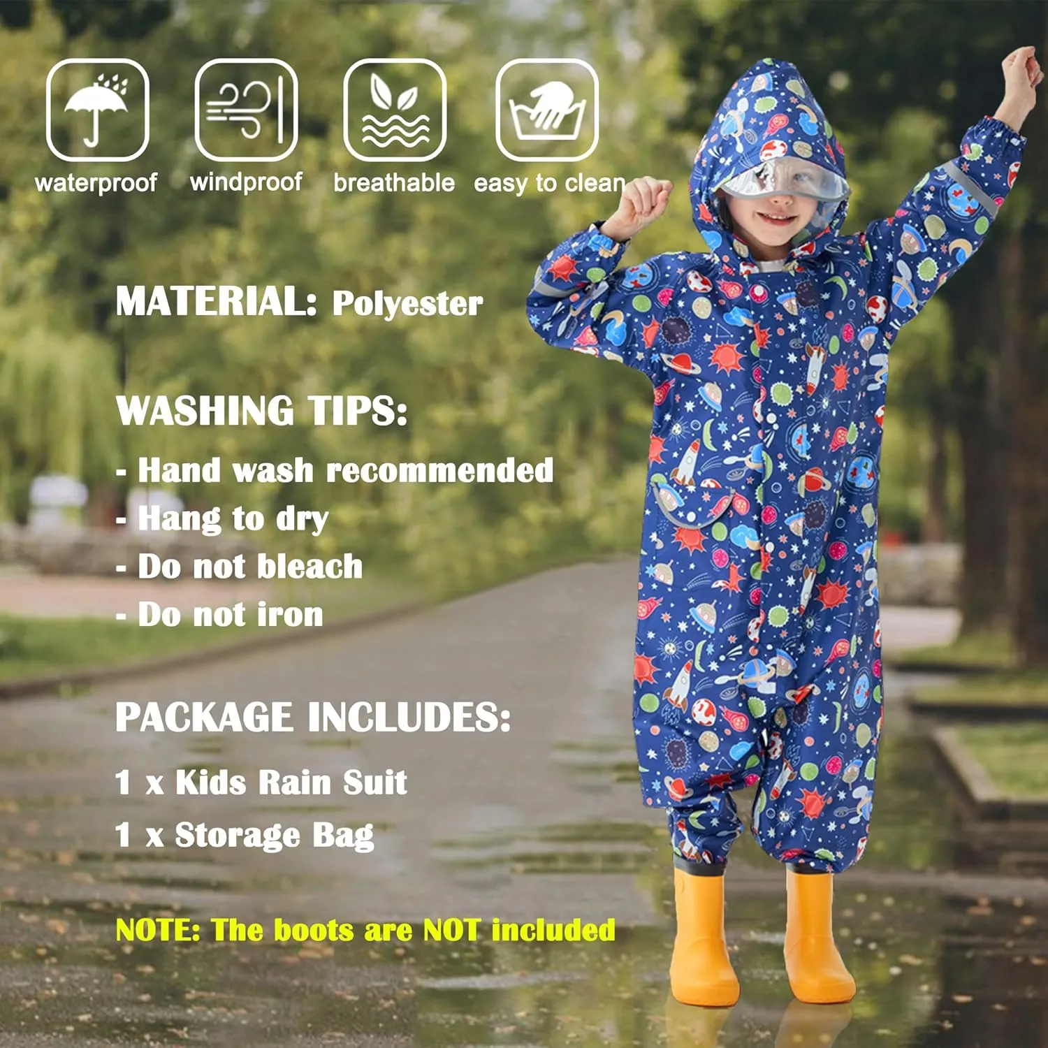 Kids Toddler Rain Suit for Boys Girls One Piece Hoodie Zipper Cartoon Waterproof Coverall Rain Jacket 1-10 Years