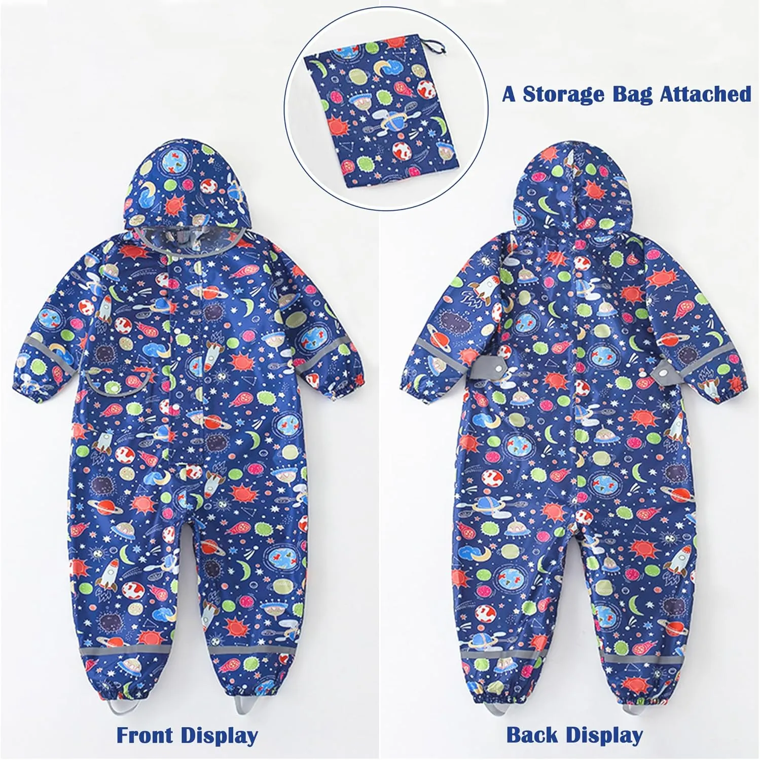 Kids Toddler Rain Suit for Boys Girls One Piece Hoodie Zipper Cartoon Waterproof Coverall Rain Jacket 1-10 Years