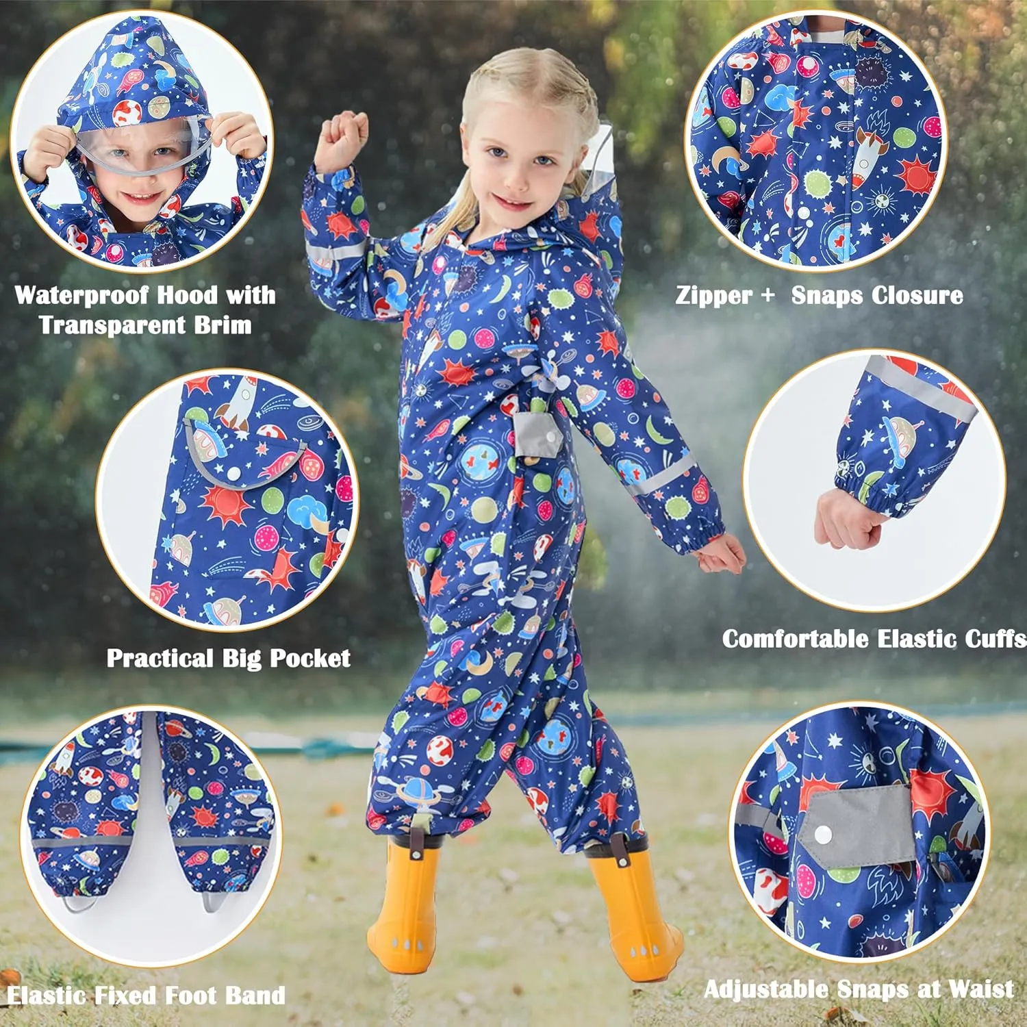 Kids Toddler Rain Suit for Boys Girls One Piece Hoodie Zipper Cartoon Waterproof Coverall Rain Jacket 1-10 Years
