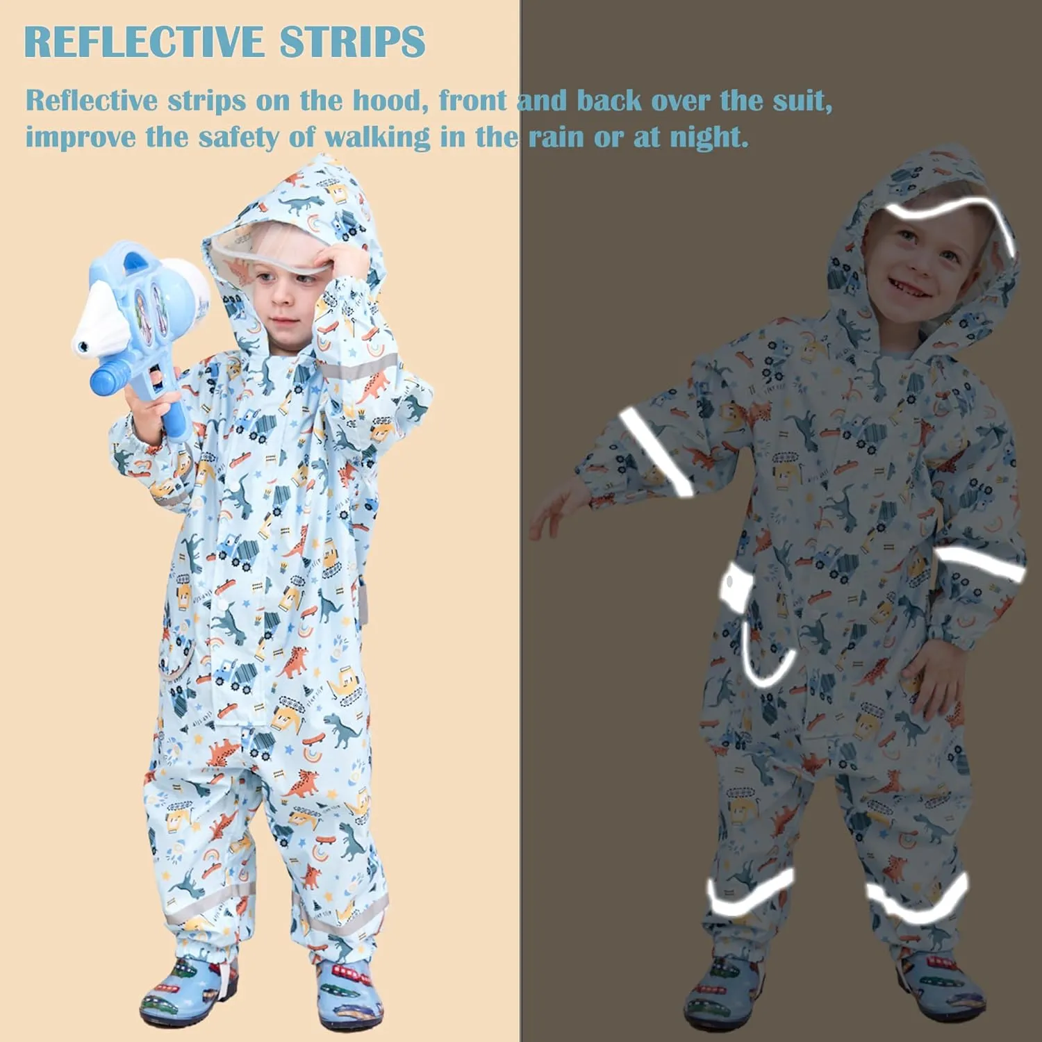 Kids Toddler Rain Suit for Boys Girls One Piece Hoodie Zipper Cartoon Waterproof Coverall Rain Jacket 1-10 Years