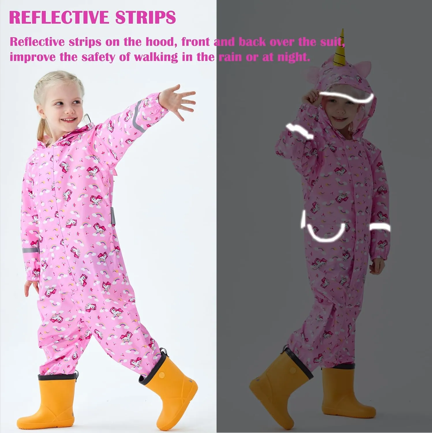 Kids Toddler Rain Suit for Boys Girls One Piece Hoodie Zipper Cartoon Waterproof Coverall Rain Jacket 1-10 Years