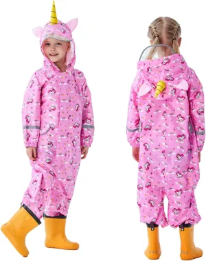Kids Toddler Rain Suit for Boys Girls One Piece Hoodie Zipper Cartoon Waterproof Coverall Rain Jacket 1-10 Years