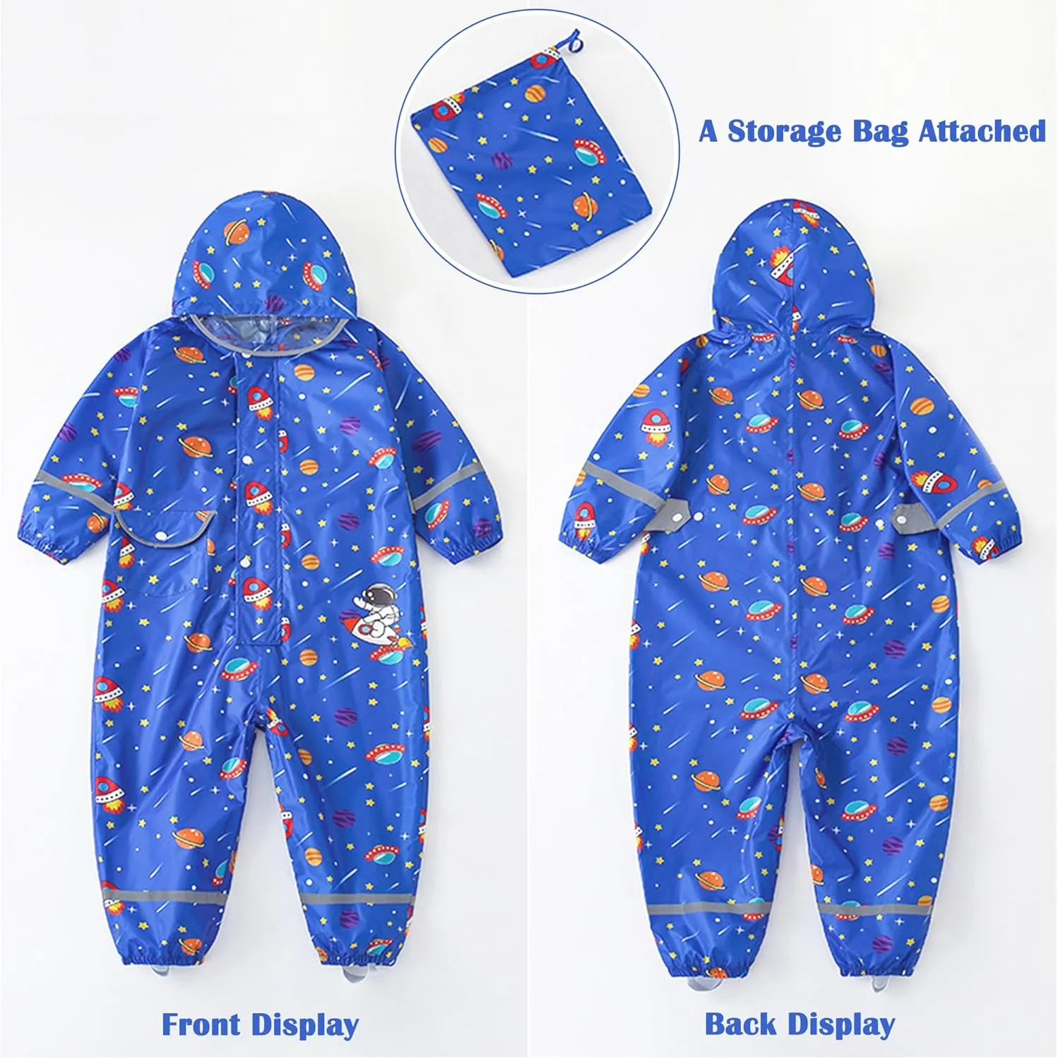 Kids Toddler Rain Suit for Boys Girls One Piece Hoodie Zipper Cartoon Waterproof Coverall Rain Jacket 1-10 Years