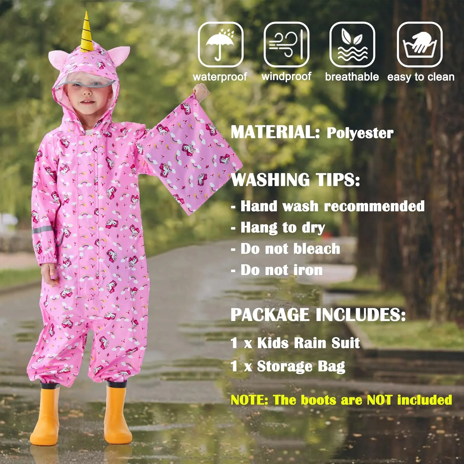 Kids Toddler Rain Suit for Boys Girls One Piece Hoodie Zipper Cartoon Waterproof Coverall Rain Jacket 1-10 Years