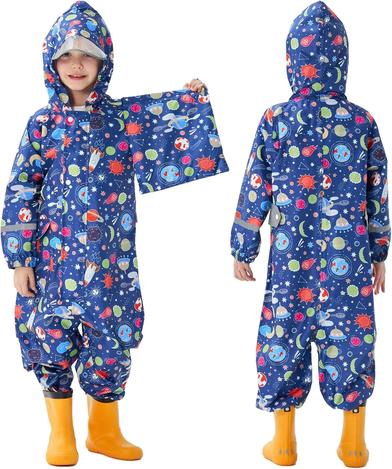 Kids Toddler Rain Suit for Boys Girls One Piece Hoodie Zipper Cartoon Waterproof Coverall Rain Jacket 1-10 Years