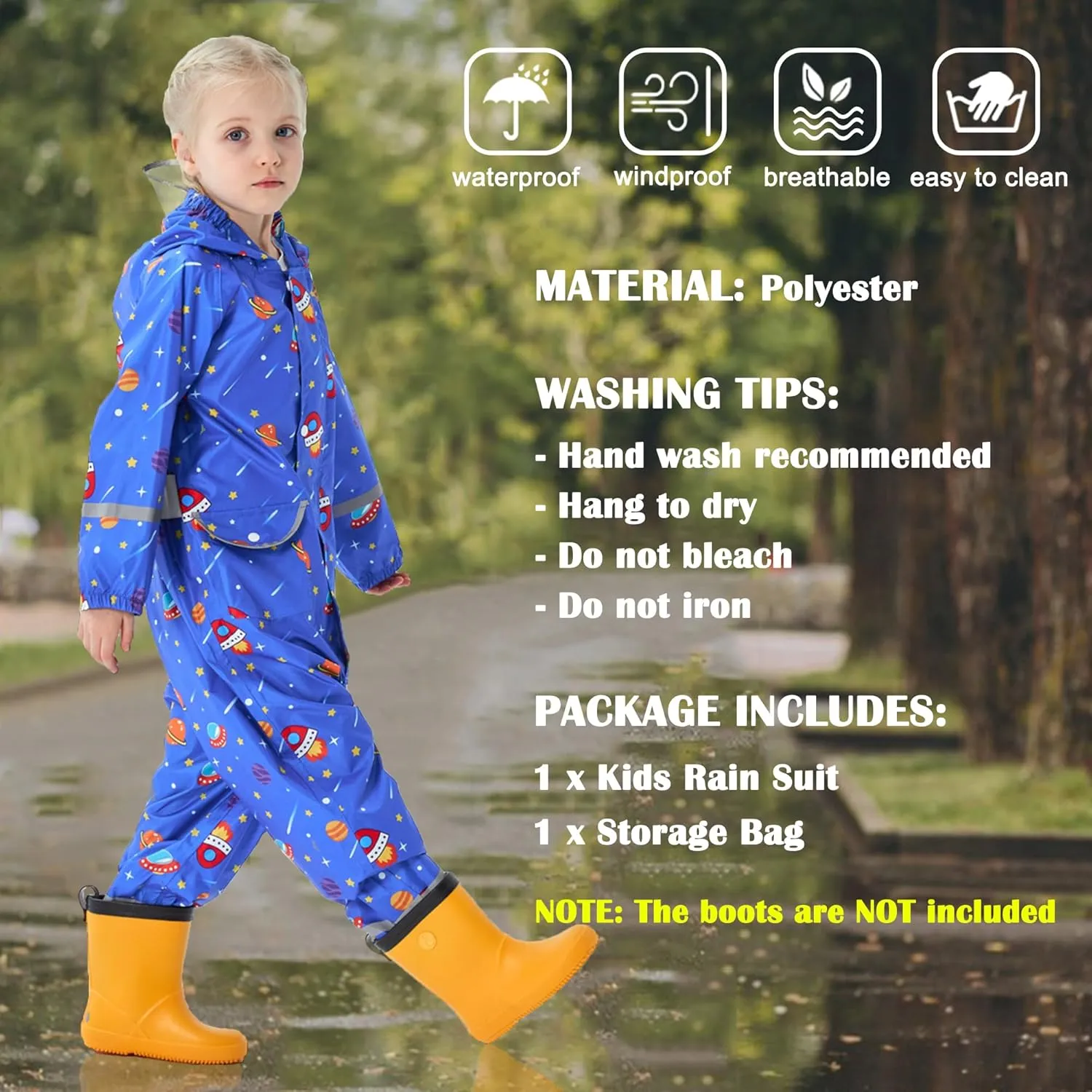 Kids Toddler Rain Suit for Boys Girls One Piece Hoodie Zipper Cartoon Waterproof Coverall Rain Jacket 1-10 Years